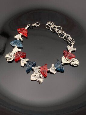 Red Blue Silver Birds Flower Hearts Bracelet Anklet 8" - 10.75" Handmade LR187